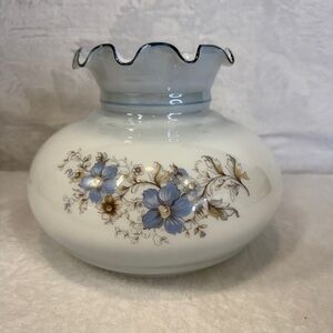 Vintage White Milk Glass Ruffled Hurricane Lamp Shade-Blue Floral Pattern Band